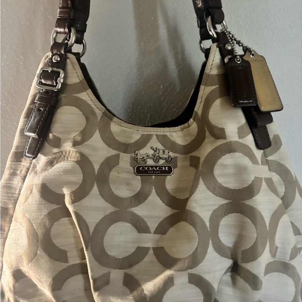 Coach Cream and Brown Hobo Bag with Signature Design-Madison Maggie , clean